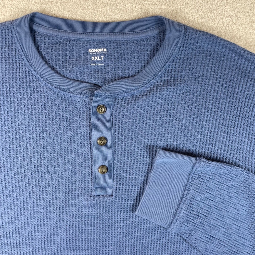 waffle henley button shirt button neck long sleeve XXLT blue 90s workwear